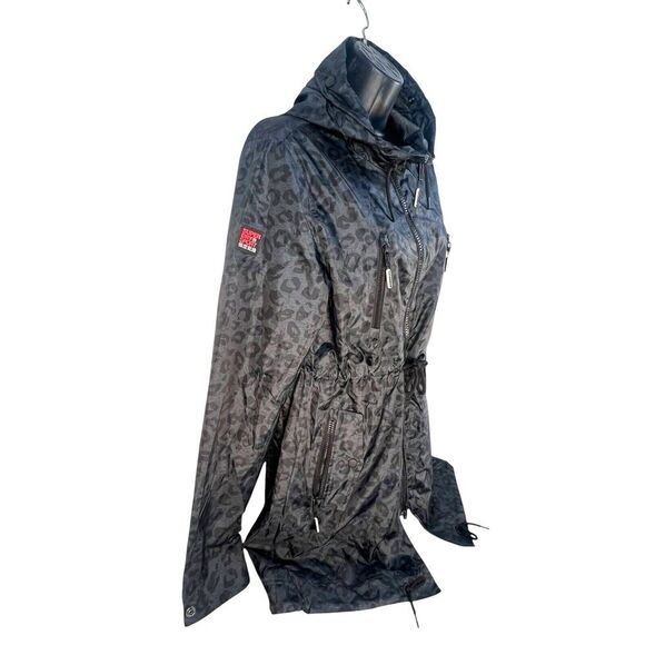 Super Dry Sport camo print hooded full zip windbraker womens sz M grey black - Picture 2 of 7